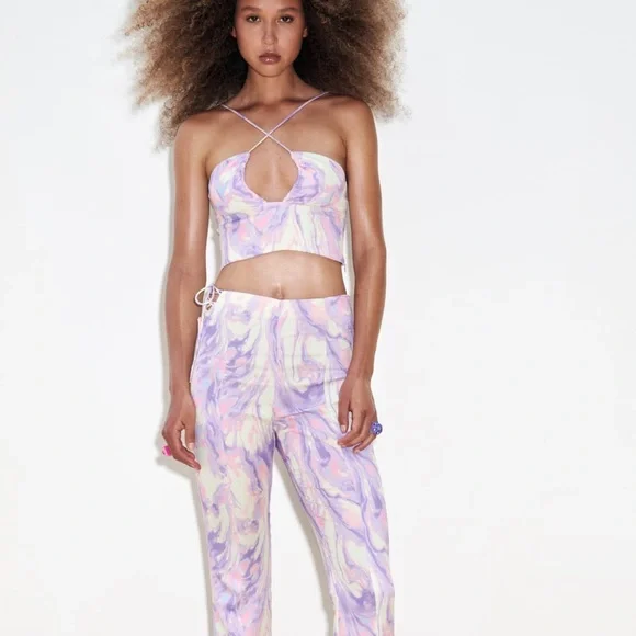 Zara cut out  satin effect pastel tie dye flare pants ,Barbie core - Picture 3 of 8